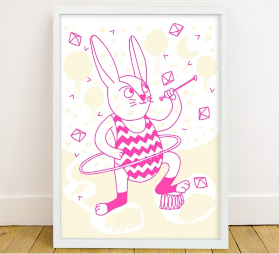 Glow in the dark bunny poster by Omy, featuring pink bunny in hoolahoop